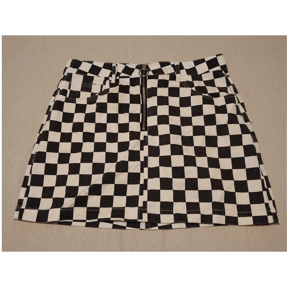 Indigo Rising Checkered Denim Mini Skirt Black White O-Ring Zip Size 7/28